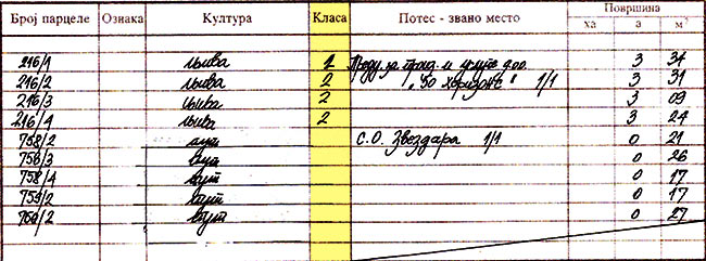 Detail of the agricultural class of the land from the copy of the plan