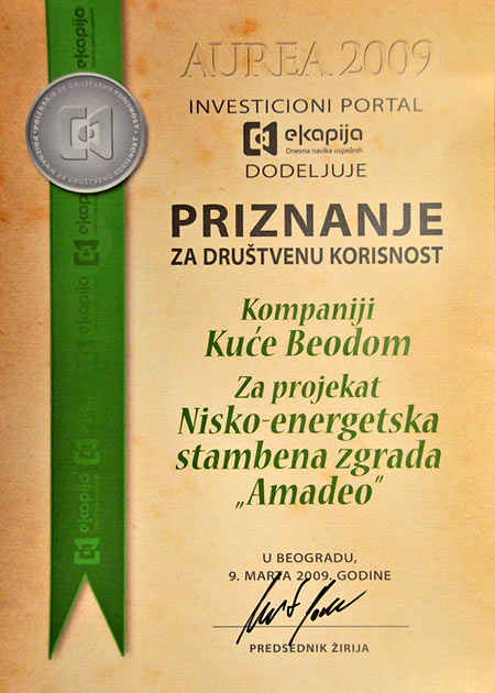Priznanje koje su primile Kuće Beodom za projekat Amadeo
